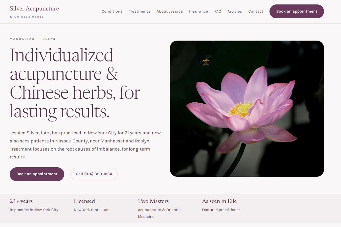 Silver Acupuncture home page on desktop